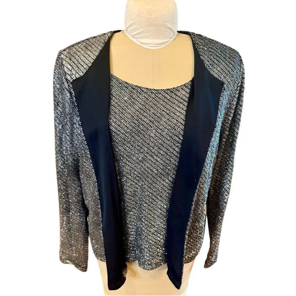 Vintage Evening Top by JBS Limited Twofer Sparkly Metallic Sz. XL Silver/Black